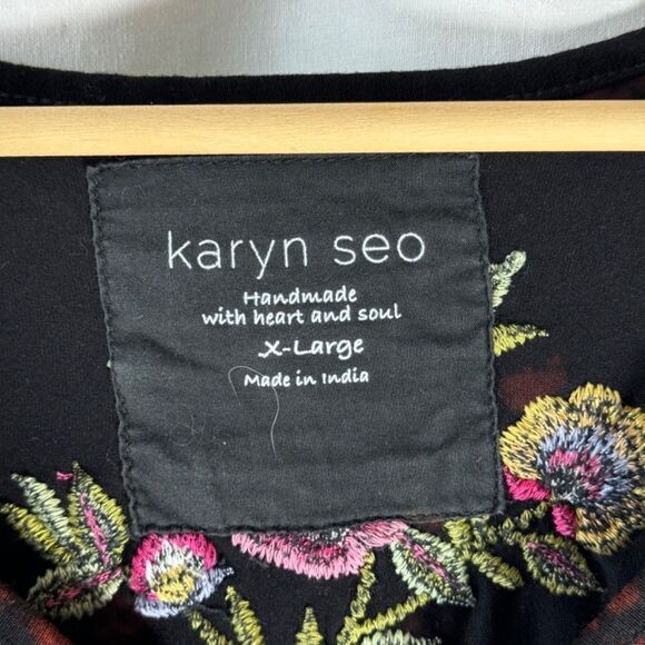 Karen Seo Black Embroidered Bodice V-Neck Dress Sz XL - Picture 6 of 9